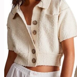 Free People Cream Button-Up Short Sleeve Cardigan